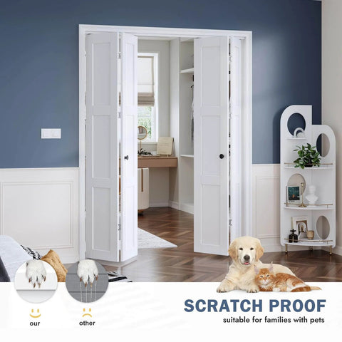 White Bifold Sliding Interior Closet Door Slab, 3-Panel MDF With PVC Finish, Fits 60 By 80 Opening, installed in a modern room.