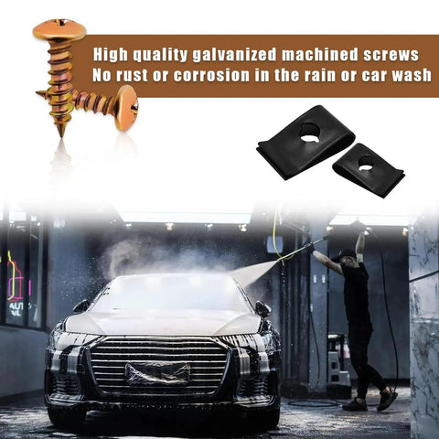 170 Piece Car U Clip And Screw Assortment Kit With galvanized screws and U-clips shown next to car in a wash.