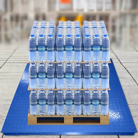 Heavy Duty Industrial Floor Scale 48 By 48 Inches, 5000 Lb Capacity, NTEP Approved with pallet of water bottles on diamond deck.