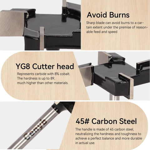 Close-up of Boss Spoilboard Surfacing Slab Flattening Router Bit with steel flutes and carbide head, featuring tool properties.