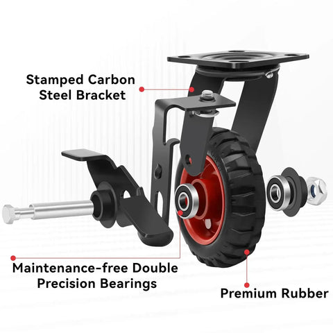 5 Inch Heavy Duty Rubber Casters Set Of 4 With 2 Brakes And 2 Rigid Wheels Industrial Grade Solid Rubber Tread For Cart Wagon Or Chicken Coop Outdoor Use Up To 1080 Lbs Load Capacity Sturdy Steel Core And Knobby Tread. View of caster with red rim, steel bracket, and labeled parts.
