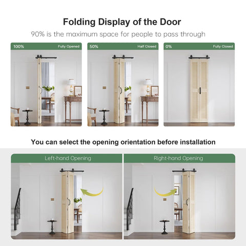 Space Saving Bifold Barn Door Set 36 X 84 Inch Double 18 X 84, Louver Sliding Closet Wood Bi-Folding Doors in different folding positions