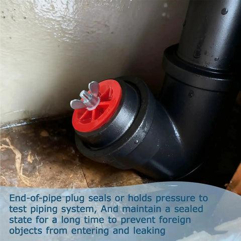 Mechanical End Of Pipe Gripper Plug Set For 2 Inch And One And One Half Inch Piping Red Two Pack installed on a pipe