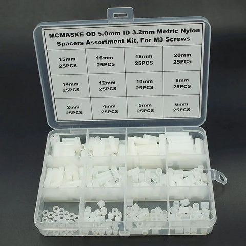 Nylon Round Unthreaded Spacers Kit For M3 Screws, 300 Pc White Assortment shown in box, with 5mm OD and 3.2mm ID dimensions.