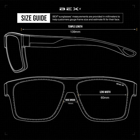 Size guide diagram for Polarized Sunglasses For Men And Women Do It All With UV Protection Lightweight Relialite Frame, black and gray squares.