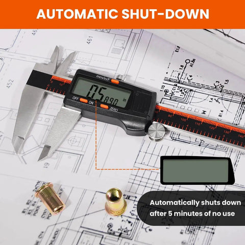Digital Caliper With Large LCD Screen 0 To 8 Inch Stainless Steel Measuring Tool on engineering blueprint, showing readings