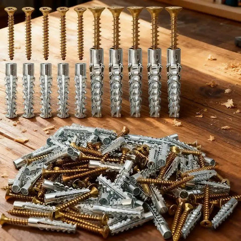 10 Pieces Carbon Steel Drive Anchors With Screws Tree Shaped Hollow Wall Anchors For Drywall And Furniture Repair Durable Metal Expansion Screws 3.5 Cm Length For Stronghold And Long Lasting Installations displayed on wooden table