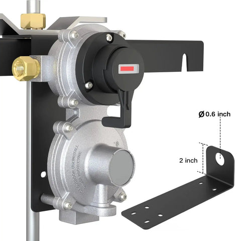 2 Stage Automatic Changeover Dual Tank Propane Gas Regulator For RV With Two 18 Inch RV Pigtail Hoses Braided QCC1 One Quarter Inch Inverted Male Flare CSA Certified Propane Regulator For Camper Trailer, installed view showing connectors and mounting bracket