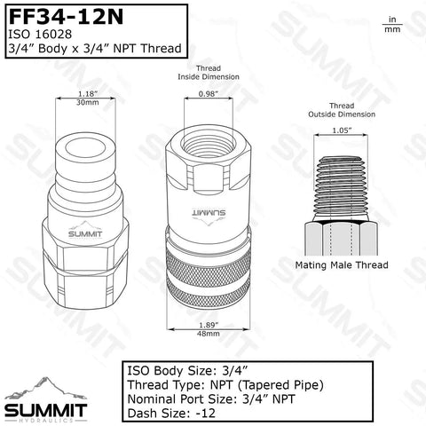 Flat Face High Flow Quick Disconnect Couplers Set For Skid Steer Hydraulics With Three Quarter Inch Body And Three Quarter Inch NPT Threads ISO 16028