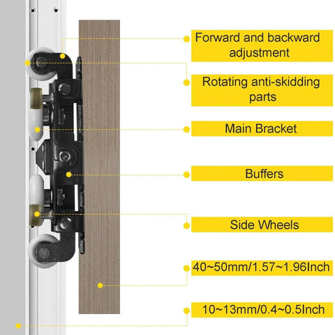 Close-up of 36 to 48 inch hidden sliding barn door hardware with floating wall mount showing components and measurements.