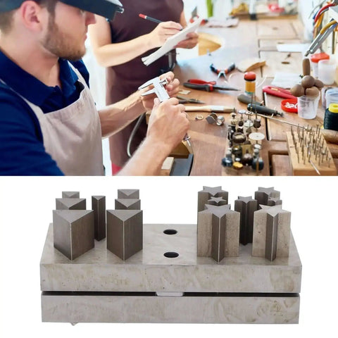 Jeweler using Pro Grade Jewelry Punch Die Disc Cutter Set with assorted steel shapes and sizes for crafting and DIY projects.