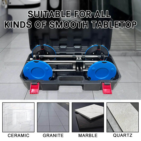 Heavy Duty Vacuum Countertop Leveling System With 3 Second Quick Suction Tech, shown with components in a carrying case.