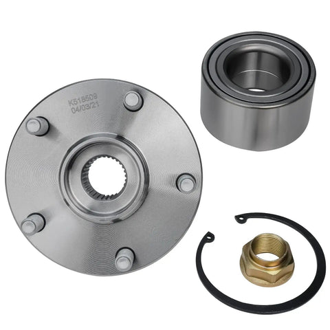 Beefed Up Front Wheel Bearing Hub Replacement Kit For 1992 Through 2003 Toyota Camry Sienna Solara Lexus ES300 RX300 And 1999 Through 2004 Avalon FWD Five Lug Hubs, shown disassembled.