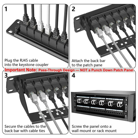 Installation steps for 24 Port Pass Through Patch Panel For Rackmount Or Wall Mount 19 Inch 1U Cat6 Network Panel with keystone couplers.
