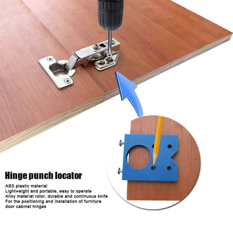 Concealed Hinge Jig 35mm Drilling Guide For Frameless Cabinets And Wardrobes, shown with blue aluminum alloy hole locator and drill
