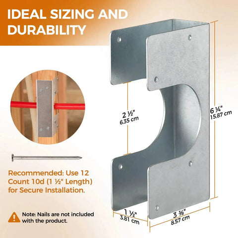 Image of 16 Gauge Galvanized Stud Shoes for 2x studs, featuring dimensions and recommended nail size for secure installation.