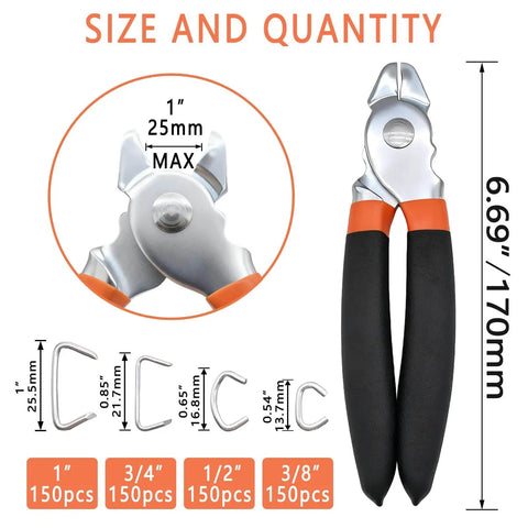 Straight Hog Ring Pliers Kit With 600 Galvanized Rings 150 Per Size 3/8 1/2 3/4 1 Inch Heavy Duty All In One Upholstery Fencing Pet Cages And DIY Binding Set Rust Resistant Steel Pro Grade showing pliers and ring sizes.
