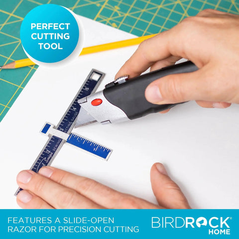Hands using heavy duty utility knife set with retractable box cutter and rubber handle, includes 2 razor knives and extra blades.