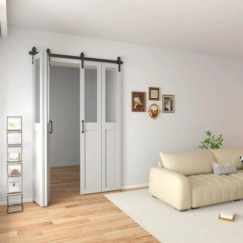 Room with 60 Inch Bi Folding Sliding Barn Door Hardware Kit For Four Doors With Heavy Duty Side Mounted Rollers For Smooth Sliding