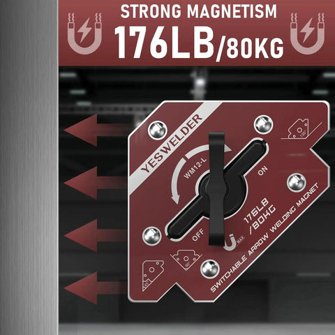Heavy Duty Welding Magnet With 176Lb Holding Power YesWelder On Off Switch Arrow Shaped Angle Holder close-up view