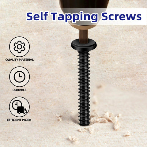 Black self tapping screw being drilled into wood, labeled for quality material, durability, efficiency; close-up view.