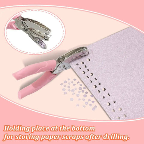 Five Piece Handheld Paper Punch Set With Plastic Handle, Metal Tag Punches demonstrating punch shapes in cardstock