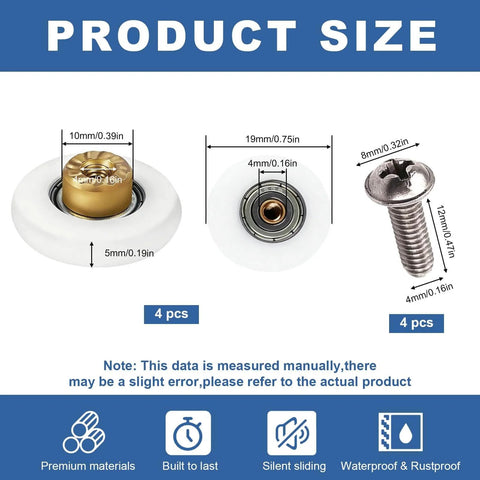 4 Pack 19mm Shower Door Rollers With M4 Screws, Stainless Steel Sliding Door Runners for Heavy Glass Doors, size diagram