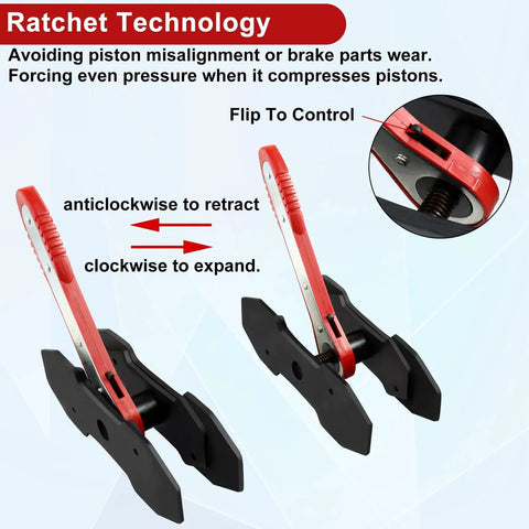 JoyFans brake caliper compression tool set, two tools, red handles with four spreader plates, front view.