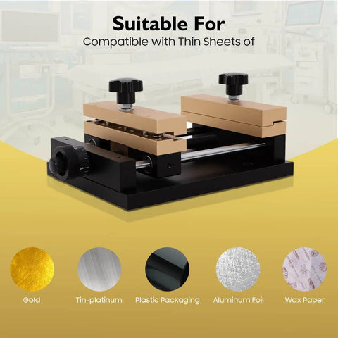 Adjustable Aluminum Alloy Fixture For Laser Cutting And Marking On Metal Sheets, 4.72 By 4.72 Inch Clamping Range shown with materials
