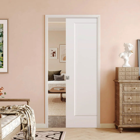 36 By 80 Inch Sliding Pocket Door With Track Hardware And Frame Kit White Paintable Door Slab Satin Nickel Privacy Latch in modern home