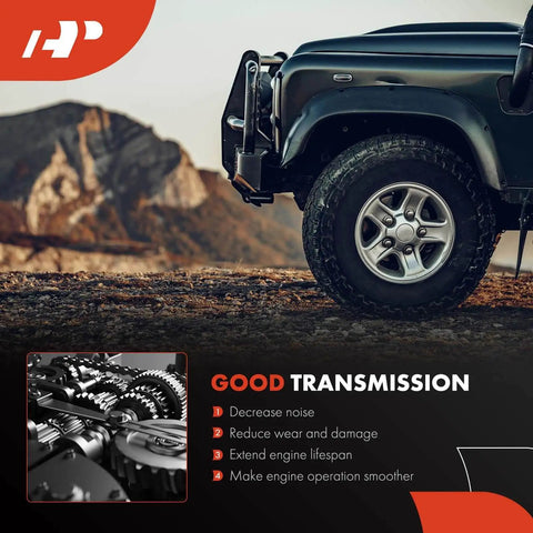 Vehicle showcased on rugged terrain with focus on transmission benefits for smoother engine operation.