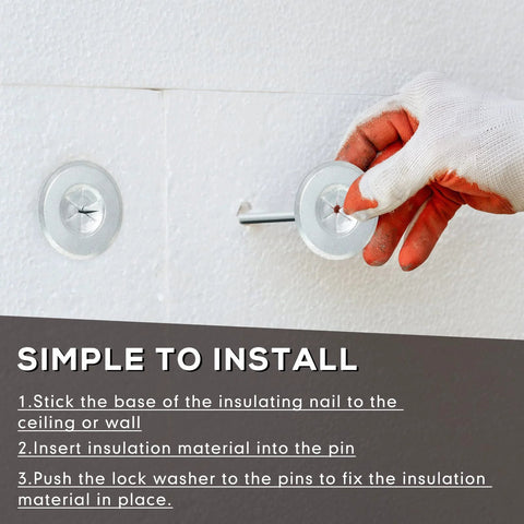 Insulation pins with self-locking washers, galvanized 1.5-inch, being installed on plaster wall (two shown)