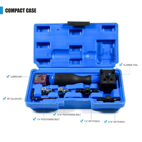 Open blue case displaying brake line flaring kit including flaring tool, positioning bolts, and punch for 3/16 & 1/4 inch pipes.