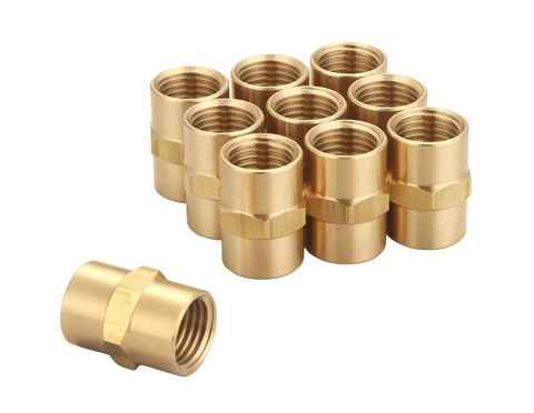 Brass 1/4 in NPT female-to-female hex-head pipe fittings, 10-pack air compressor adapters