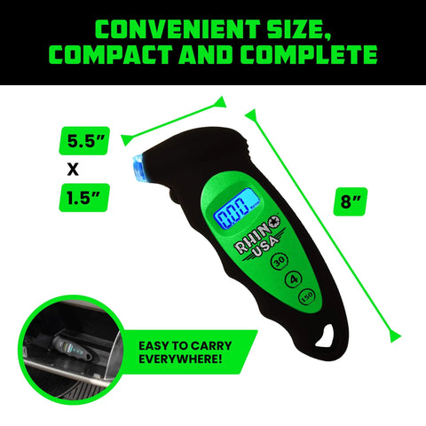 Rhino USA digital tire pressure gauge, green/black, with LCD backlit display and lighted nozzle, 150 PSI, 4-range.