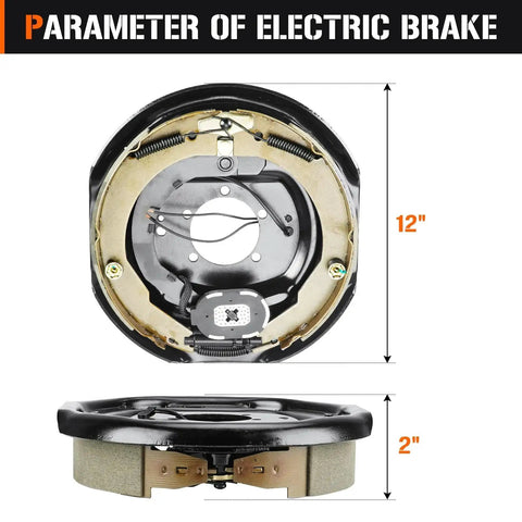 Front and side view of 12x2 inch electric trailer brake kit for 5,200-7,000 lb axles, includes hardware, bolt-on replacement.