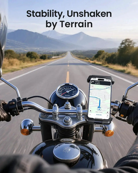 No Jiggle Anti Shake Motorcycle Phone Mount With 2026 Dual Vibration Dampener Universal Bike Phone Holder installed on handlebars
