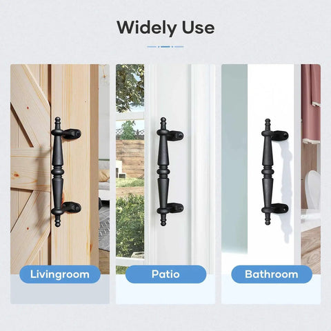 9 Inch Barn Door Pull Handle Set In Rustic Black Aluminum installed on wood and white doors in living room, patio, and bathroom.