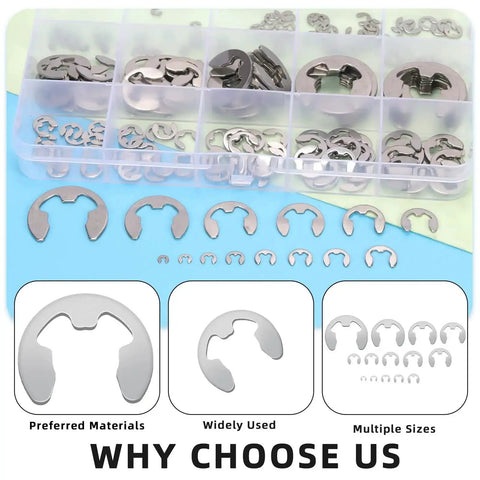 304 Stainless Steel E Clips Retaining Rings Set, 14 Sizes From 1.5mm to 15mm, Heat Treated External Retaining Clips, Circlips and Retainers