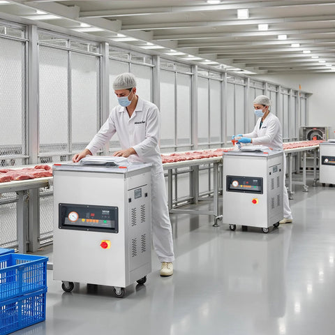 Front view of two VEVOR chamber vacuum sealers on a clean meat-processing line; LED displays, workers sealing meat.