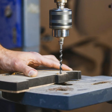 Twelve Inch Wood Auger Drill Bit With One Half Inch Diameter And Three Eighths Inch Hex Shank in drill press working on wood