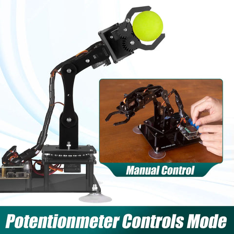 Adeept 5DOF robotic arm kit, black with yellow ball end effector on a base with cables