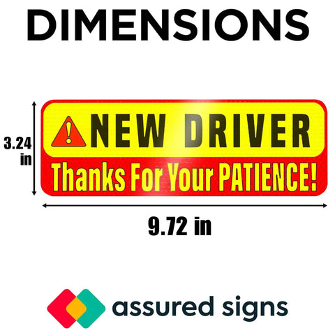 Close-up view of extra large driver sign for car, dimensions 9.72 x 3.24 inches, yellow and red reflective material for beginners.