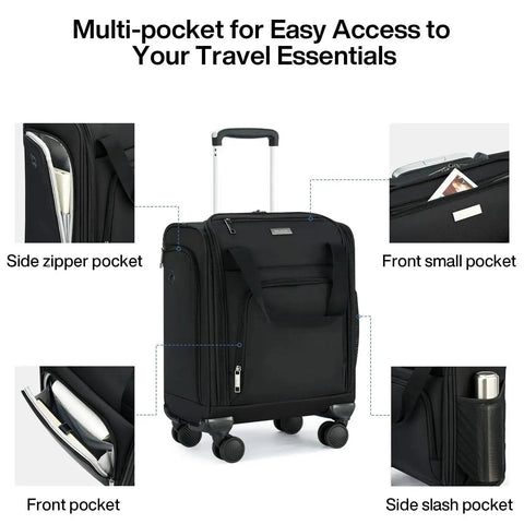 Underseat Carry On Luggage With Wheels Airline Approved 16 Inch Softside Spinner Case showing multiple pockets for easy access.