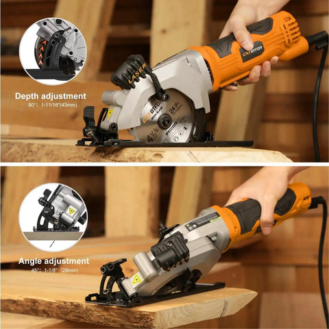 Person using Powerful Corded Mini Circular Saw With Laser Guide Extbtfor, 580W 4.8A Motor, 4000 RPM, depth and angle adjustments shown.