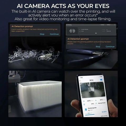AI camera interface on K1C 3D Printer Crazy Fast CoreXY System With 600 Millimeters Per Second Print Speed And 20000 Millimeters Per Second Squared Acceleration.