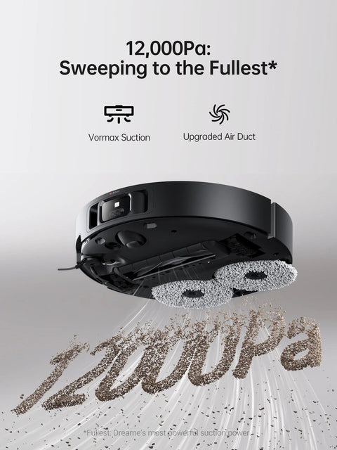 DREAME X40 Ultra robotic vacuum, black body with liftable mop and dual mop discs, 12,000 Pa suction.