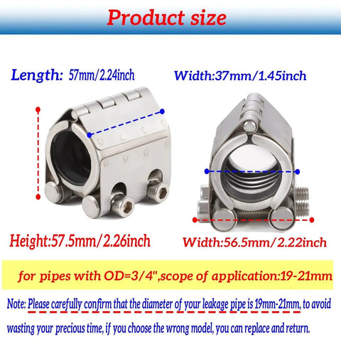 Leak Sealing Pipe Repair Clamp Kit for Three Quarter Inch Pipes 19 to 21 Millimeter, close-up of steel clamp with dimensions