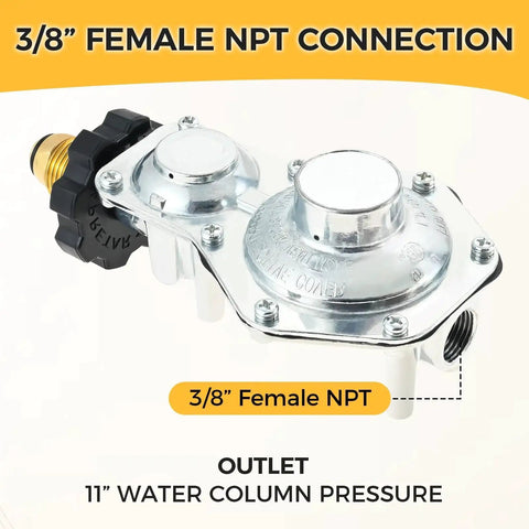 Two Stage Propane Regulator With Three Eighth Inch Female NPT And POL Connector for 100lb Tanks, 11 WC Outlet Pressure