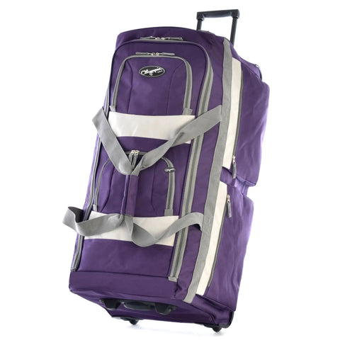 29 Inch Jumbo Rolling Duffle Bag With Eight Pockets, Water Resistant Luggage for Travel showcasing purple Protecflon 1200D material